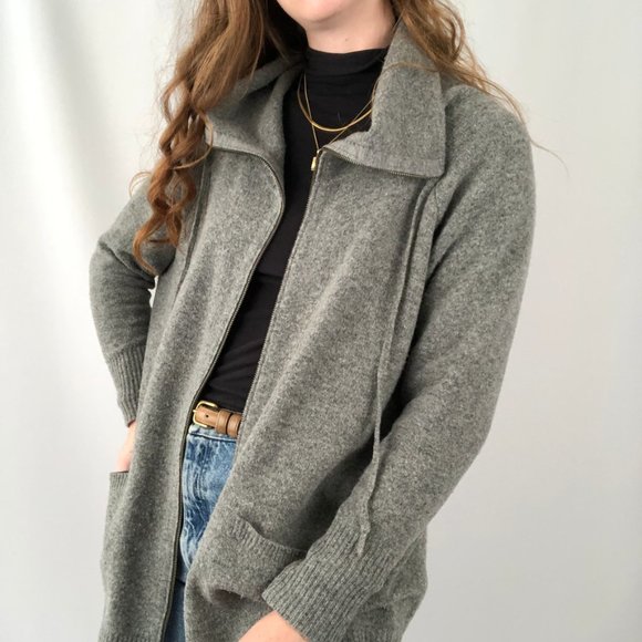 Eileen Fisher 100% Wool Oversized Knit Zip Cowl Cocoon Cardigan Sweater Jacket - Picture 2 of 7